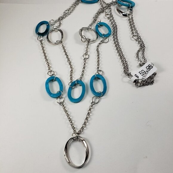 Silver & Turquoise Oval Link Layered Statement Necklace - 38" Women's  Jewelry - Picture 5 of 10